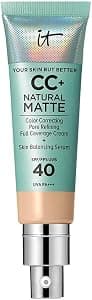 IT Cosmetics Full Coverage Foundation, Natural Matte, Made with Hyaluronic Acid, SPF 40 Protection, Your Skin But Better CC+, Shade: Light, 32ml