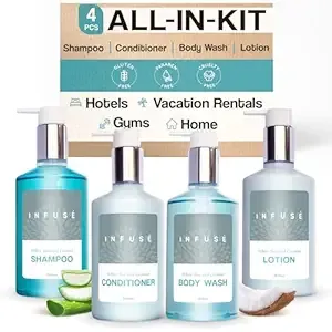 1-Shoppe Infuse 4 Piece Ecobox All-In-Kit | White Tea and Coconut Soap | 1 Shampoo, 1 Conditioner, 1 Body Wash and 1 Lotion | 10.14 oz Hotel Soaps and Toiletries Bulk | Personal Care Products