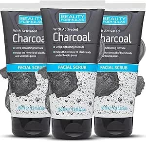 3x Beauty Formulas Charcoal Facial Scrub 150ml – Deep Cleansing Exfoliating Scrub with Activated Charcoal & Apricot Seeds