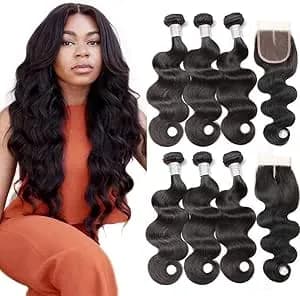 Beauty Princess Brazilian Body Wave with Closure 8a Unprocessed Brazilian Virgin Hair 3 Bundles with Middle Part Closure Natural Black Human Hair Bundles With Closure(18 20 22with 16)