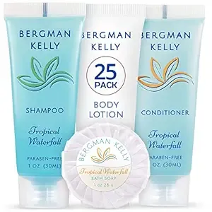 BERGMAN KELLY Hotel Toiletries Bundle (Tropical Waterfall, 1 oz each, 100 Pieces) 4-Piece Set: 25 Round Bar Soap, 25 Shampoo, 25 Conditioner & 25 Body Lotion - Bulk Mini Guest Amenities Supply