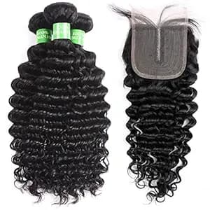 Brazilian Human Hair Bundles With Closure - 100% Unprocessed 7A Brazilian Deep Curly Human Virgin Hair 3 Bundles With Free Part Swiss Lace Closure Natural Color (20 22 24 + 20)