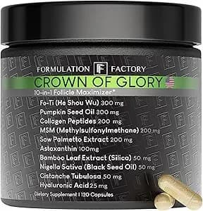 Crown of Glory 10-in-1 Hair Growth Maximizer, DHT Blocker with Saw Palmetto, Fo-Ti, Collagen, Supports Thicker Hair & Scalp Health (2 Month Supply, 120 Capsules)
