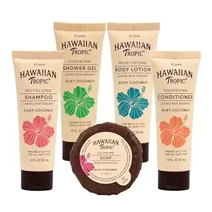 Hawaiian Tropic Silky Coconut Airbnb Shampoo Conditioner Body Wash Lotion & Soap (150 PK, 1 oz each), Guest Bathroom Essentials Toiletries Travel Size Bulk Mini Sets Hygiene Kits Air Bnb Toiletry