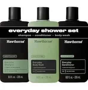 Hawthorne Everyday Shower Starter Set. Includes Everyday Shampoo, Conditioner and Body Wash for a Fresh Daily Clean. Invigorating Eucalyptus Mint Scent. Made with Natural Ingredients. 8 Fl Oz Each.