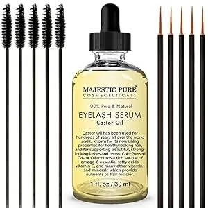 Majestic Pure Castor Oil Eyelash Serum - with Apple & Argan Stem Cells - Eyelash Growth Serum for longer thicker Eyelashes, Eyebrows & Hair - Free Set of Mascara Brush & Eyeliner Applicator - 1 fl oz