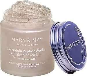 Mary&May Vegan Calendula Peptide Ageless Sleeping Mask - Overnight Hydration Face Gel Mask Korean Facial Mask - Soothing Acne, and Anti-Aging with Ceramide, Hyaluronic Acid, Cica, 110g