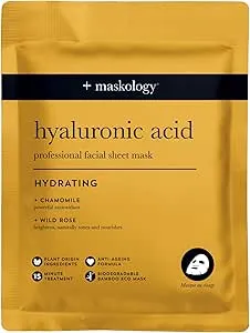 MASKOLOGY HYALURONIC ACID Professional Face Sheet Mask Pack of 1 | Anti Aging Face Mask | Hydrating Face Masks Skincare | Chamomile & Wild Rose | 100% Plant Based |