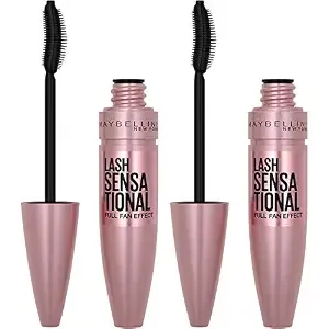 Maybelline Lash Sensational Washable Mascara, Lengthening and Volumizing for a Full Fan Effect, Blackest Black, 2 Count