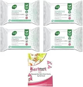 Multi Pack - Pure Sensitive Complete Cleansing Wipes, 4 Pack Fragrance-Free, Biodegradable, Suitable for Sensitive Skin - with Kerhoot Beauty Guide - 5 items