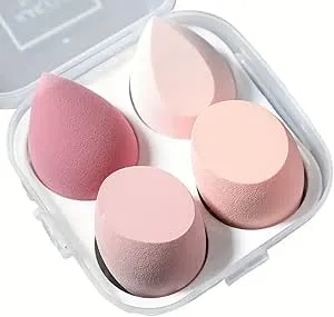 Nude and Pink Shades 4x Makeup Blending Sponges with container, foundation applier, beauty blender, powder, cream, blender, makeup tools, cosmetic tools
