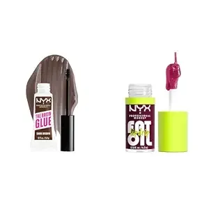 NYX PROFESSIONAL MAKEUP The Brow Glue, Extreme Hold Tinted Eyebrow Gel - Dark Brown & Fat Oil Lip Drip, Moisturizing, Shiny and Vegan Tinted Lip