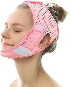 TIESOME Reusable V Line Lifting Mask, Pink Chin Up Mask V Shaped Polyester Double Chin Reducer Breathable Chin Up Patch Comfortable Beauty Device Face Slimming Chin Strap for Women and Men