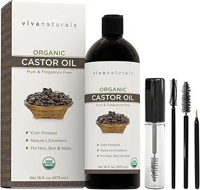 Viva Naturals Organic Castor Oil for Eyelashes and Eyebrows (16 fl oz) - USDA Certified Organic, Cold Pressed Castor Oil, Natural Hair Oil & Eyelash Serum, Beauty Kit Included